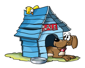 Cartoon dog selling his wooden blue house vector illustration