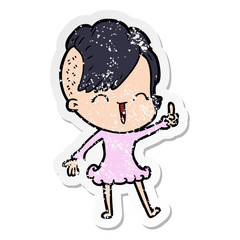 distressed sticker of a cartoon happy hipster girl