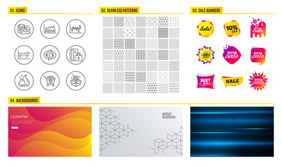Seamless pattern. Shopping mall banners. Set of Stock analysis, Blocked card and Add products icons. Accounting report, Money exchange and Column diagram signs. Trade chart, Hot sale and Sale symbols