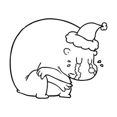 crying line drawing of a polar bear wearing santa hat