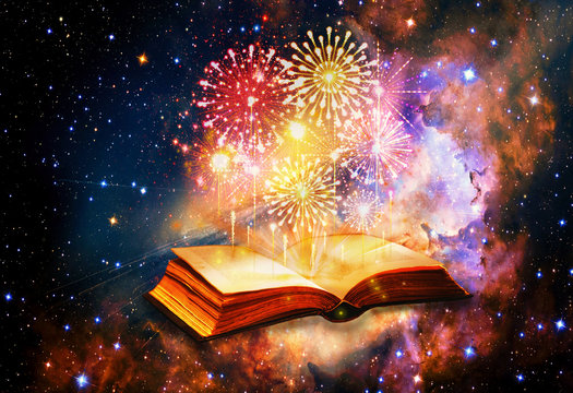 Artistic Magical 3d Computer Generated Illustration Of A Multicolored Beautiful Fireworks Coming Out Of An Ancient Magical Book In A Galactic Artwork