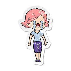 distressed sticker of a cartoon woman crying