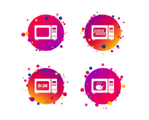 Microwave oven icons. Cook in electric stove symbols. Grill chicken with timer signs. Gradient circle buttons with icons. Random dots design. Vector