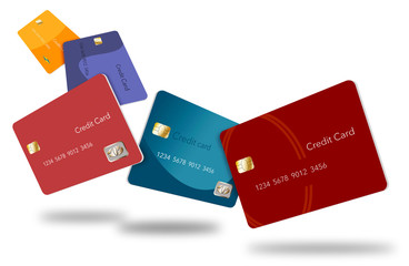 Five credit cards in various colors float through the air in this image. This is an illustration.