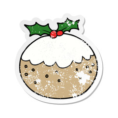 distressed sticker of a cartoon christmas pudding