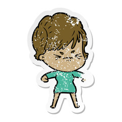 distressed sticker of a cartoon frustrated woman
