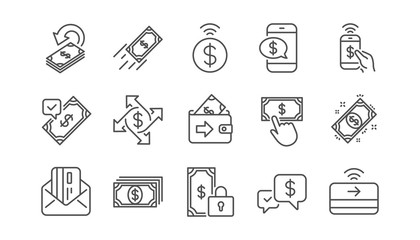 Money payment line icons. Accept transfer, Pay by Phone and Credit card. Cash linear icon set. Vector