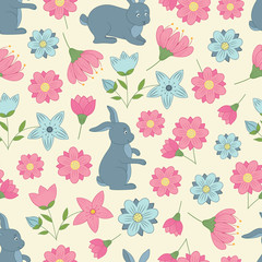 vector seamless pattern with flowers and rabbits