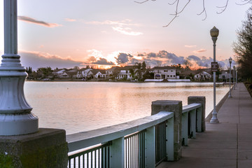Sunset over a neighborhood lake located in Elk Grove California