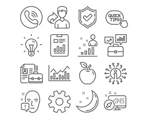 Set of Service, Face attention and Quick tips icons. Infochart, Stats and Report document signs. Business portfolio, Vacancy and Idea symbols. Cogwheel gear, Exclamation mark, Helpful tricks. Vector