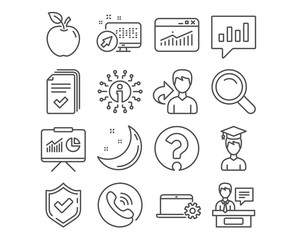 Set of Website statistics, Analytical chat and Search icons. Student, Question mark and Exhibitors signs. Handout, Notebook service and Presentation symbols. Vector