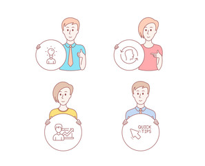 People hand drawn style. Set of Success business, Education and Face id icons. Quick tips sign. Growth chart, Human idea, Identification system. Helpful tricks.  Character hold circle button. Vector
