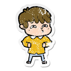 distressed sticker of a cartoon curious man