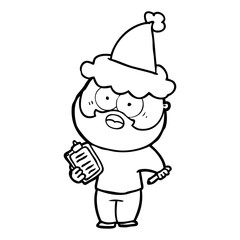 line drawing of a bearded man with clipboard and pen wearing santa hat