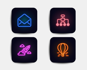 Neon glow lights. Set of Mail, Restructuring and Startup rocket icons. Air balloon sign. E-mail, Delegate, Business innovation. Flight travel.  Neon icons. Glowing light banners. Vector