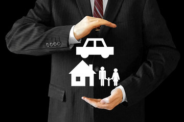 Businessman, house, car and family insurance concept