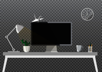 Flat style of creative workspace with black brick wall. Modern workplace in the room on transparent background. Working place concept . Vector illustration