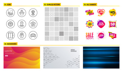 Naklejka premium Seamless pattern. Shopping mall banners. Set of Parcel tracking, Parking and Shipping support icons. Lift, Bumper cars and Ship signs. Package location, Location and Car symbols. Vector