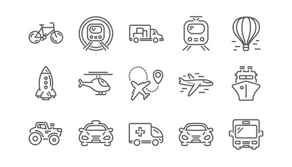 Transport line icons. Taxi, Helicopter and Train. Airplane linear icon set.  Vector