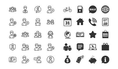 Users line icons. Male and Female Profiles, Group and Support signs. ID card, Teamwork and Businessman symbols. Couple love, Security and Human Management. Information, calendar and call phone icons