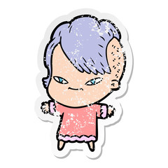 distressed sticker of a cute cartoon girl with hipster haircut