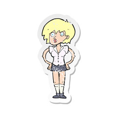 retro distressed sticker of a cartoon surprised woman with hands on hips
