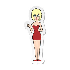 sticker of a cartoon confused woman in cocktail dress