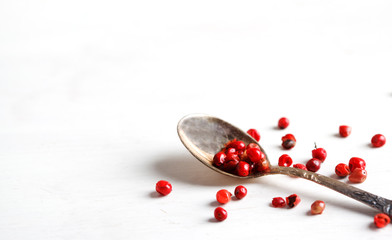 Pink peppers in spoon, copy space
