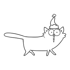 line drawing of a cat wearing santa hat