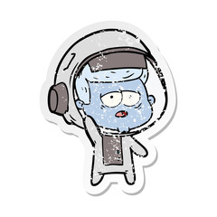 distressed sticker of a cartoon tired astronaut