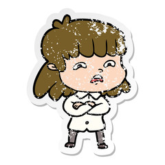 distressed sticker of a cartoon worried woman