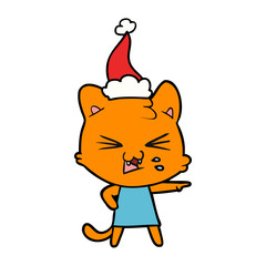 line drawing of a hissing cat wearing santa hat