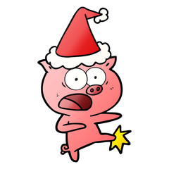 gradient cartoon of a pig shouting and kicking wearing santa hat