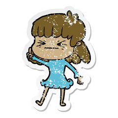 distressed sticker of a cartoon angry girl
