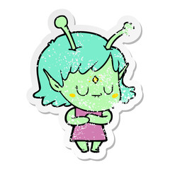 distressed sticker of a cartoon alien girl