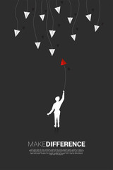 silhouette of businessman throw out red origami paper airplane go different way from group of white. Business Concept of disruption and vision mission.