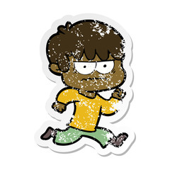 distressed sticker of a annoyed cartoon boy