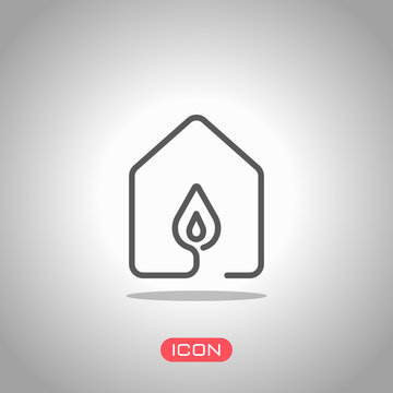 house with fire flames icon. line style. Icon under spotlight. Gray background