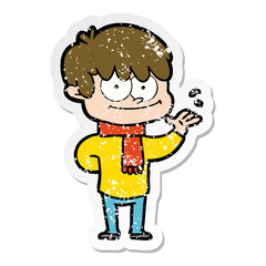 distressed sticker of a happy cartoon man