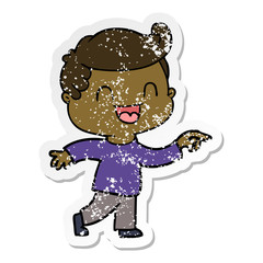distressed sticker of a cartoon happy man pointing