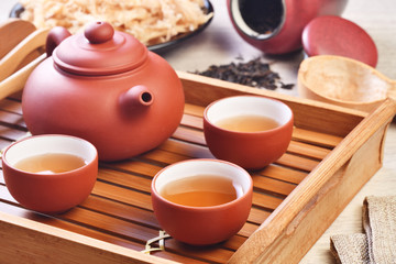 Chinese tea set on bamboo tray