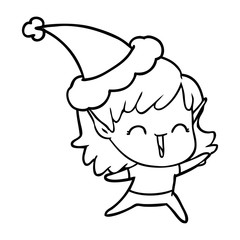 line drawing of a elf girl wearing santa hat