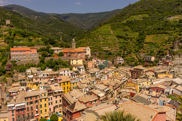 Fototapeta na wymiar Italy, Cinque Terre, Vernazza, Vernazza, HIGH ANGLE VIEW OF HOUSES AND TREES IN TOWN