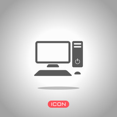 Personal computer, pc. System unit, monitor, keyboard and mouse. Icon under spotlight. Gray background