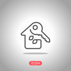 Eco house with key. Linear icon with thin outline. One line style. Icon under spotlight. Gray background