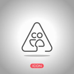 Man and woman in warning triangle. Sign for pedestrians. Linear icon with thin outline. One line style. Icon under spotlight. Gray background