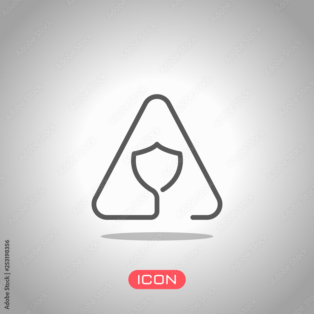 Poster shield in warning triangle. problem with protect. linear icon with thin outline. one line style. ico