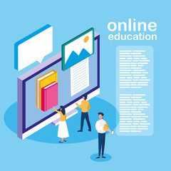 online education with desktop and mini people