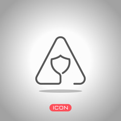 Shield in warning triangle. Problem with protect. Linear icon with thin outline. One line style. Icon under spotlight. Gray background