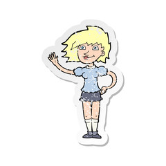 retro distressed sticker of a cartoon woman waving